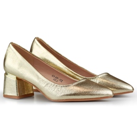 Goldene Pumps mit niedrigem Absatz, elegante goldene Damenschuhe
