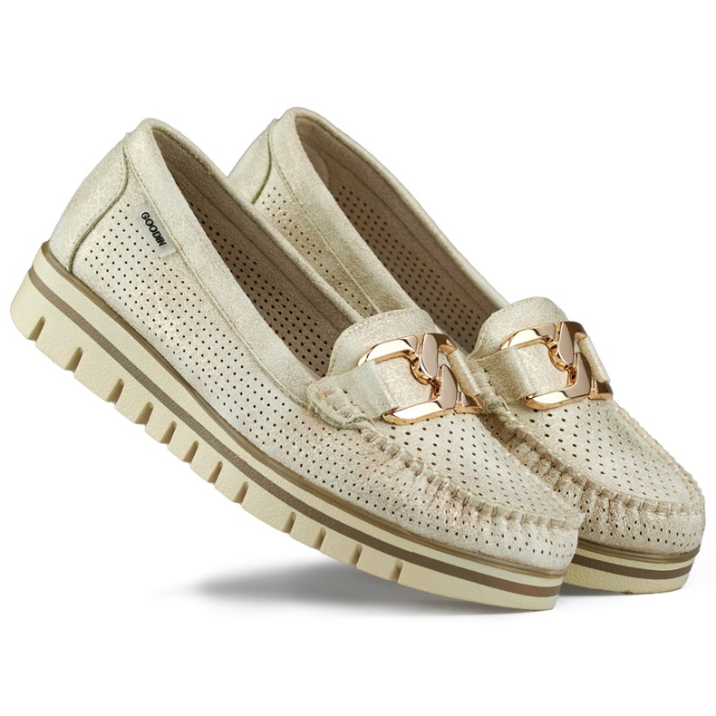 Bequeme, elegante durchbrochene Damenmokassins, goldene durchbrochene Schuhe beige