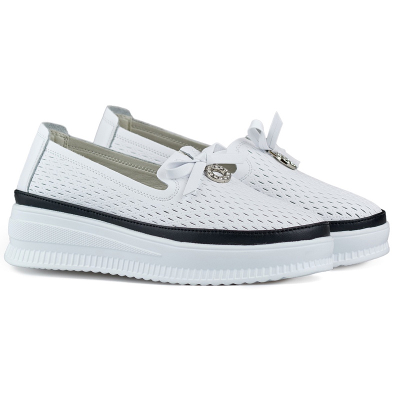 Durchbrochene Lederschuhe für Damen, bequeme Mokassins aus Naturleder weiß