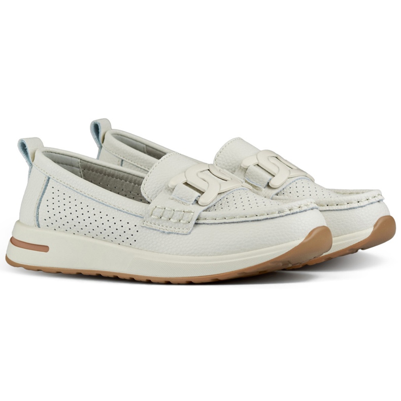Bequeme Damen-Ledermokassins, beige durchbrochene Damenschuhe aus Naturleder
