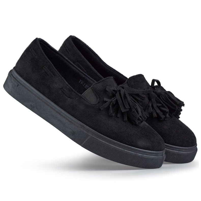 Schwarze Damenschuhe mit Fransen, schwarze Mokassins mit Fransen