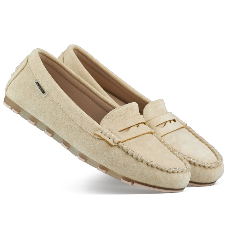 Damen-Mokassins aus beigem Wildleder, bequeme Mokassins