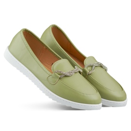 Bequeme Damenmokassins mit Strasssteinen grün