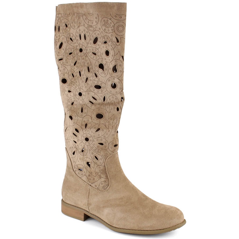 Durchbrochene Damenstiefel aus Wildleder mit niedrigem Absatz, beige Jezzi ASA142-50