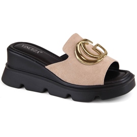 Beige Damen-Wildleder-Keilpantoffeln Vinceza 58295