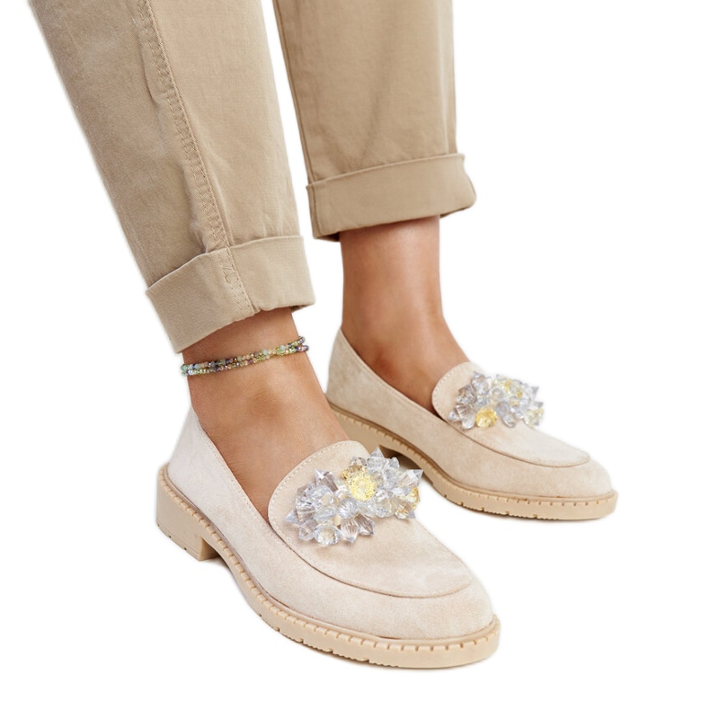 Hellbeige Wildleder-Loafer mit Zemzem-Kristallen