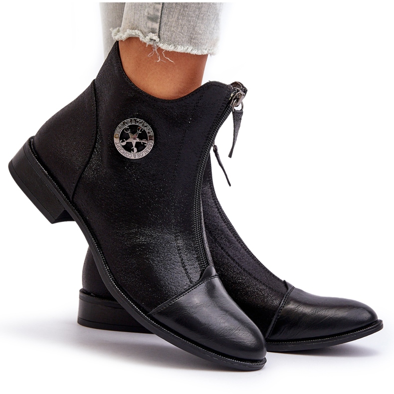 Jezzi Flache Damenstiefel mit Reißverschluss Schwarz Loratie