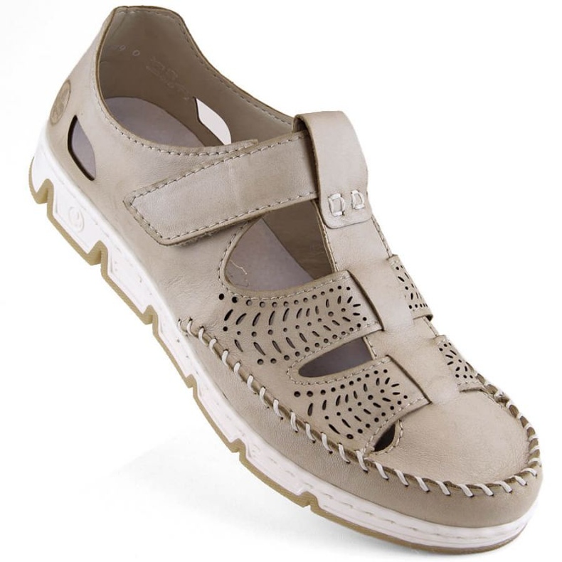 Rieker W RKR651 durchbrochene beige Lederschuhe mit Klettverschluss braun