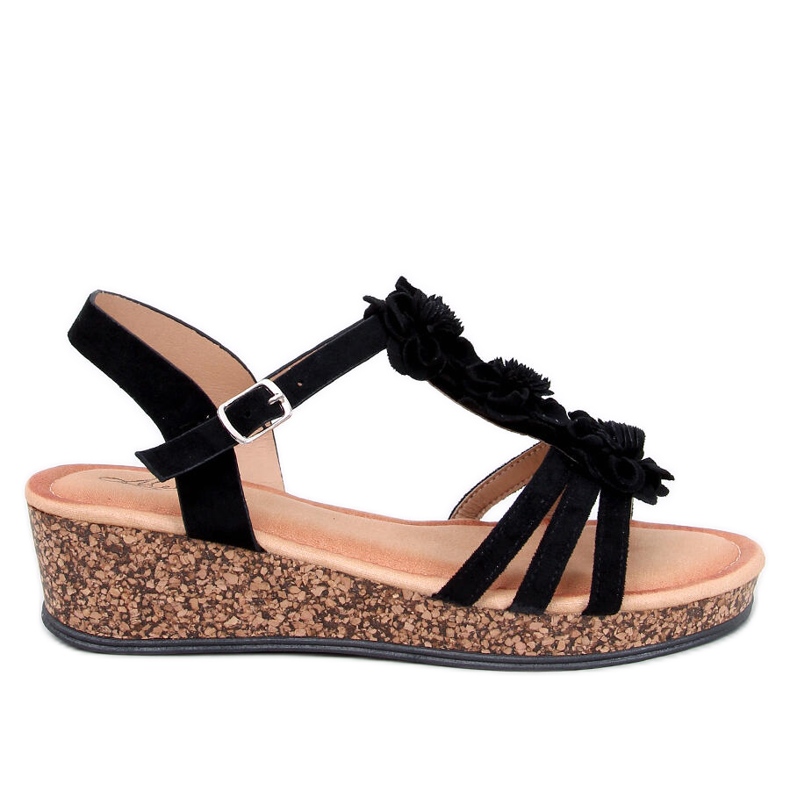 Fisken Schwarze Keilsandaletten mit Blumenmuster