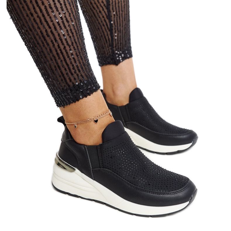 Schwarze Ashley-Sneaker mit Keilabsatz und Strasssteinen