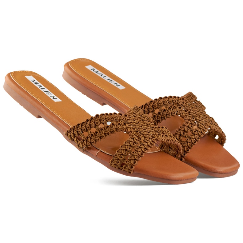 Braune Damen-Flip-Flops aus Spitze mit flacher Sohle