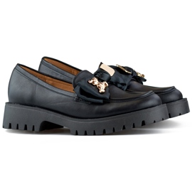 Schwarze Slipper mit Schleife, Mokassins mit Teddybär