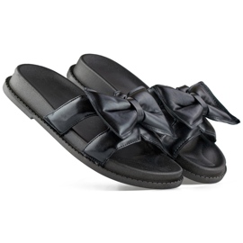 Schwarze Damenhausschuhe mit Schleife aus Öko-Leder