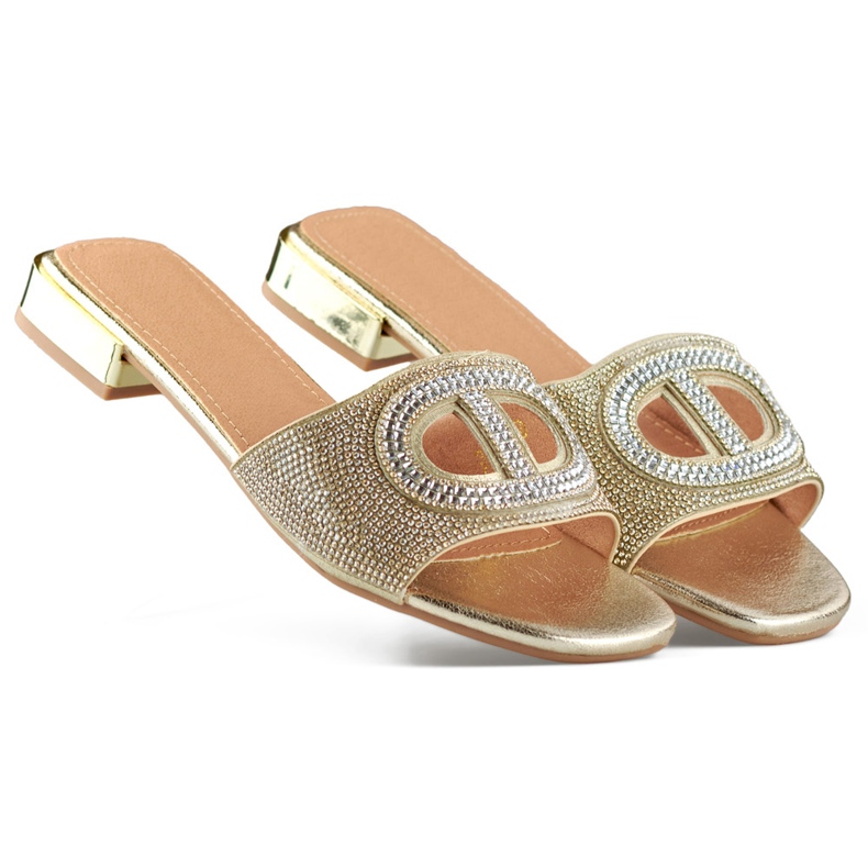 Elegante goldene Damenhausschuhe mit niedrigem Absatz und Pailletten