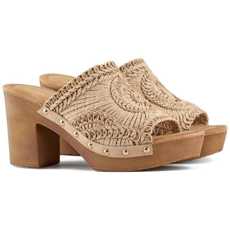 Beigefarbene Damen-Flip-Flops aus Spitze mit holzähnlicher Sohle