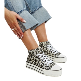 Ausgebeulte, hohe Sneakers mit Leopardenmuster und dicker Sohle beige