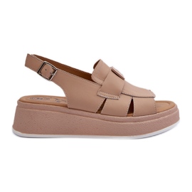 Damen-Ledersandalen auf Plateau und Keilabsatz, dunkelbeige Vivitellia