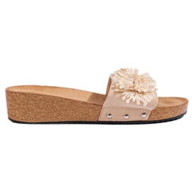 Damenpantoffeln aus beigem Wildleder mit Blumen