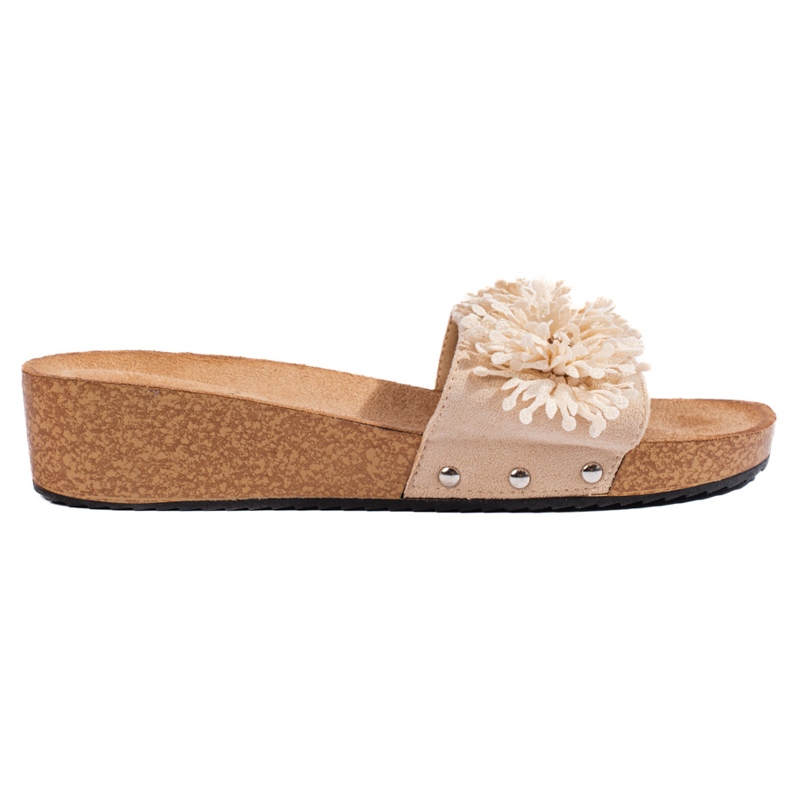 Damenpantoffeln aus beigem Wildleder mit Blumen