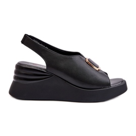 Damen-Keilsandalen aus Leder mit Verzierung, Schwarz Salvania