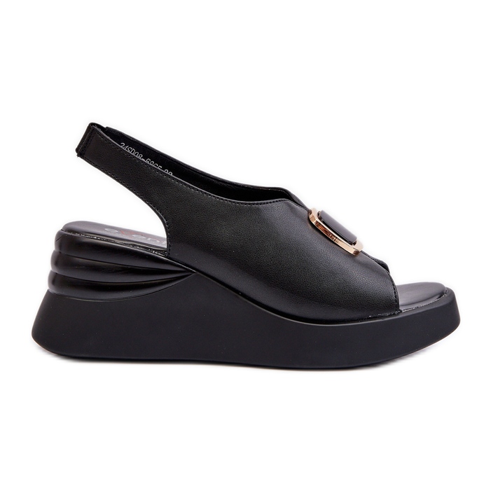 Damen-Keilsandalen aus Leder mit Verzierung, Schwarz Salvania