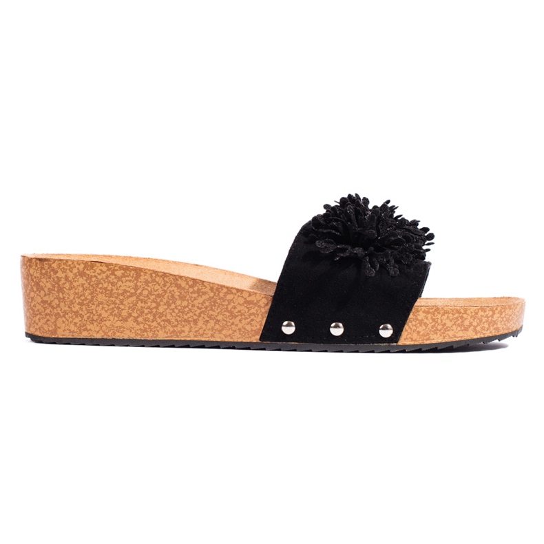 Damen-Slipper aus Wildleder mit Blumen, schwarz