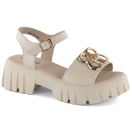 Beige Damen-Ledersandalen mit hohen Absätzen und Plateausohle Vinceza 7910