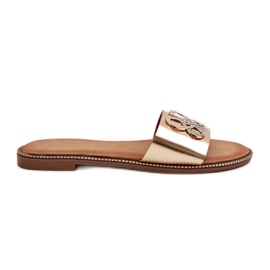 Damen-Flip-Flops mit Öko-Leder-Dekoration auf flachem Absatz, Gold Sadria golden