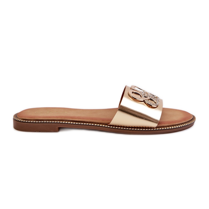 Damen-Flip-Flops mit Öko-Leder-Dekoration auf flachem Absatz, Gold Sadria golden