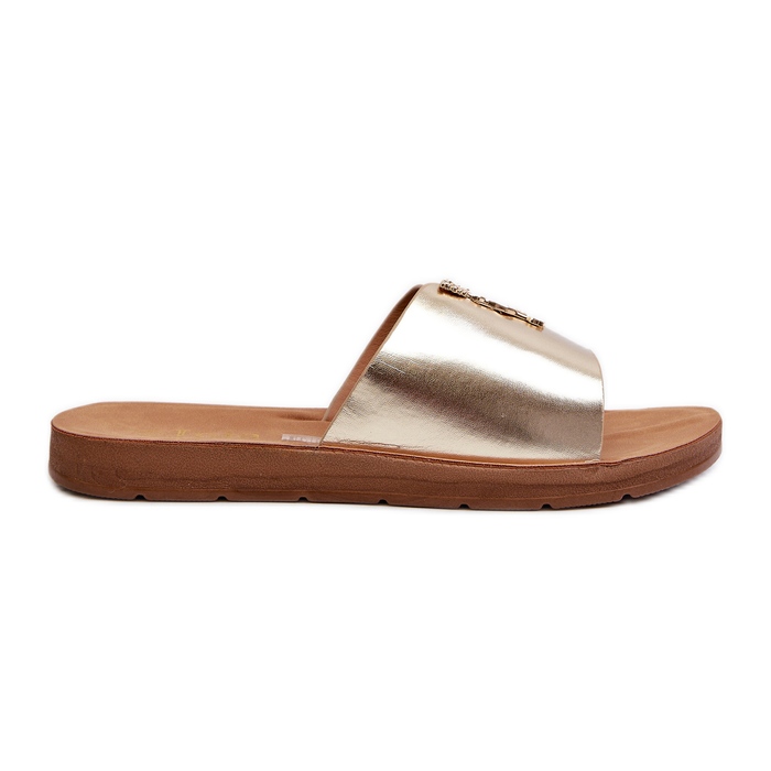 Damen-Flip-Flops mit flacher Sohle und Verzierung aus Öko-Leder, Gold Makia golden