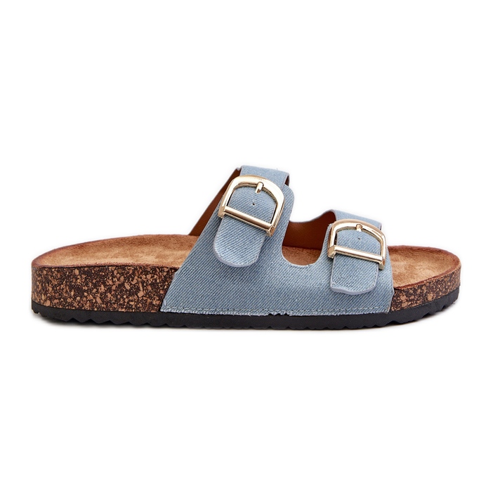 Damen-Jeans-Flip-Flops auf Kork-Plateau mit Riemen, blaue Doretta