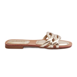 Damen-Flip-Flops aus Öko-Leder mit flachem Absatz, Gold Moldela golden