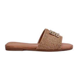 Flache Damen-Flip-Flops mit Zopf und Verzierung, Beige Omenna