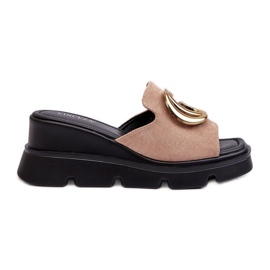 Vinceza Damen-Flip-Flops aus Öko-Wildleder mit Keilabsatz und Plateau mit Goldverzierung, Beige Iaria