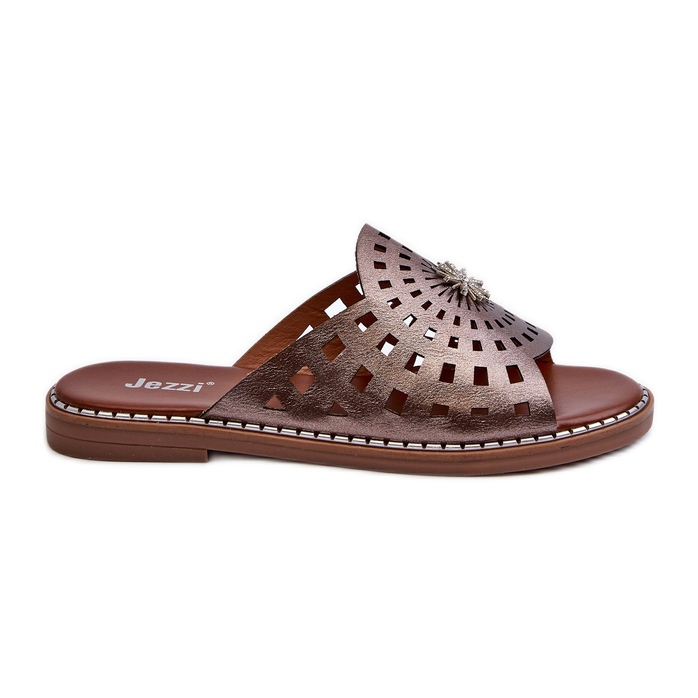 Glänzende Damen-Flip-Flops mit flachem Absatz und Kupferverzierung Ebirena braun