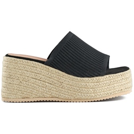 Schwarze Espadrille-Flip-Flops mit hohem Keilabsatz