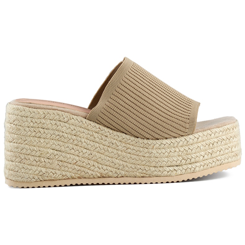 Beigefarbene Espadrille-Flip-Flops mit hohem Keilabsatz