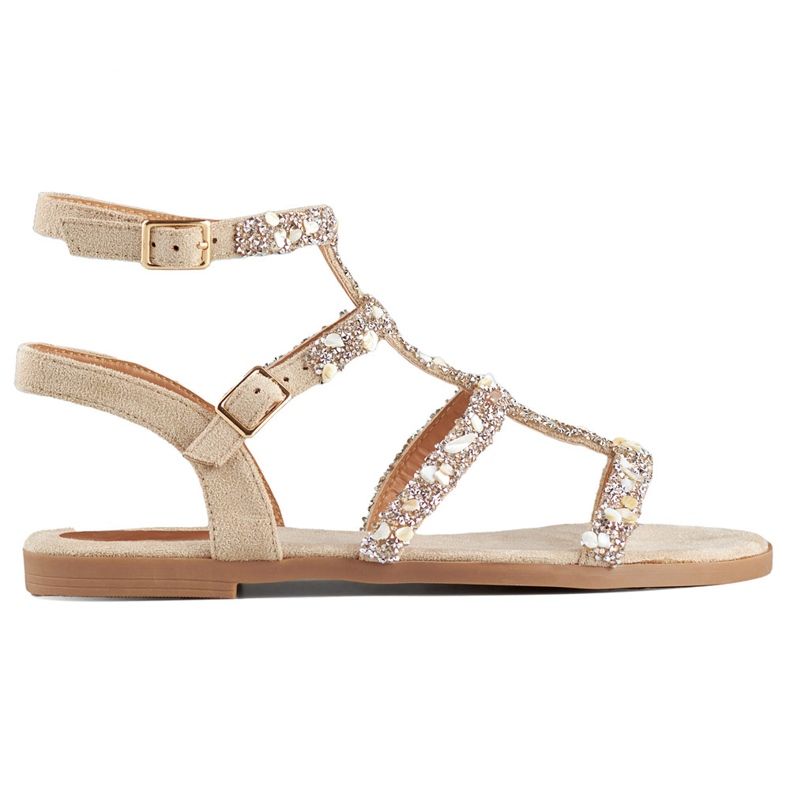 Beigefarbene Gladiator-Sandalen für Damen mit dekorativen Steinen