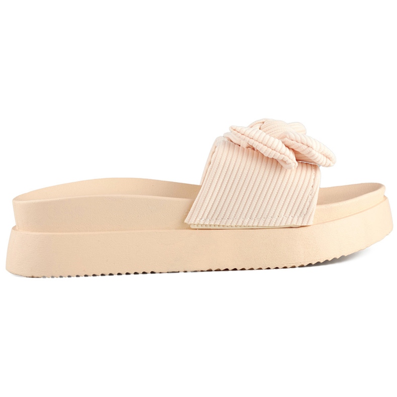 Beige Damenhausschuhe mit Schleife auf dicker Sohle