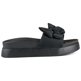 Schwarze Damenhausschuhe mit Schleife auf dicker Sohle