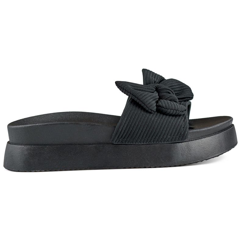 Schwarze Damenhausschuhe mit Schleife auf dicker Sohle