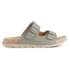 Bequeme graue Damen-Flip-Flops mit zwei Schnallen und einer Innensohle aus Leder