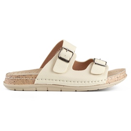 Bequeme beige Damen-Flip-Flops mit zwei Schnallen und einer Innensohle aus Leder