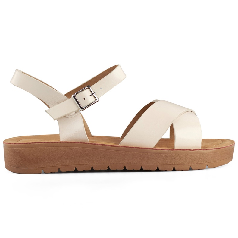 Beige flache Damensandalen aus Öko-Leder