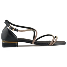Elegante Damen-Sandalen mit niedrigem Absatz und Zirkonia schwarz