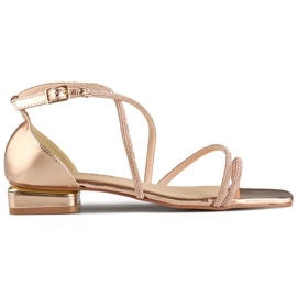 Elegante Damen-Sandalen mit niedrigem Absatz und Zirkonia rosa