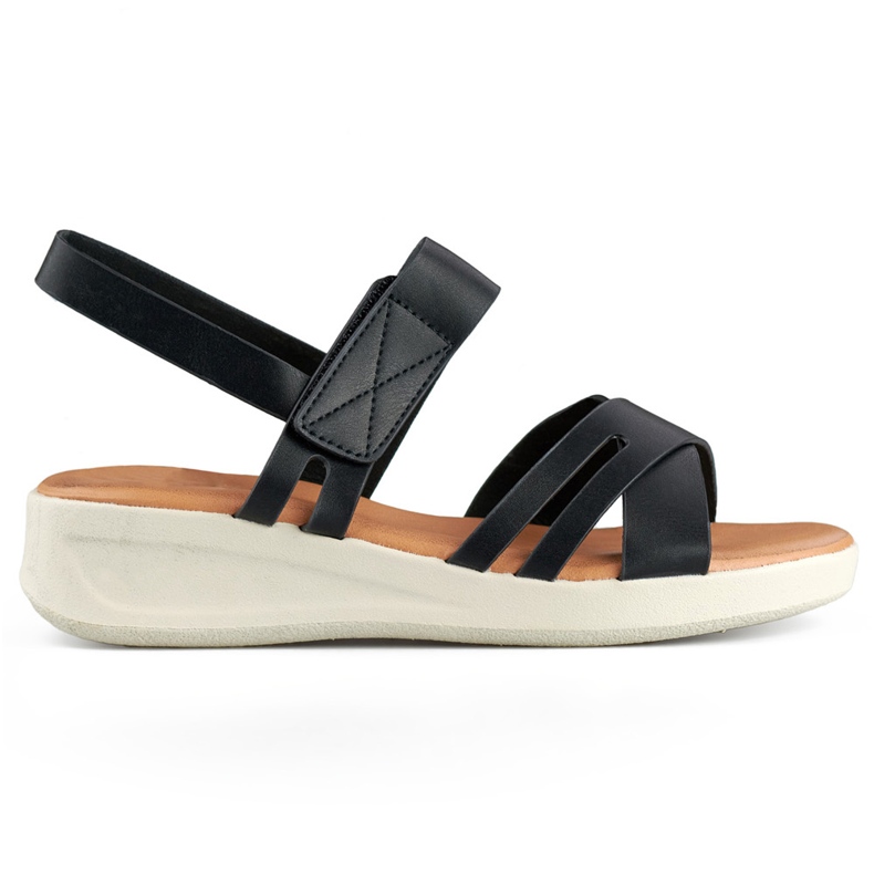 Schwarze, bequeme Damen-Sandalen mit Klettverschluss und niedrigem Keilabsatz