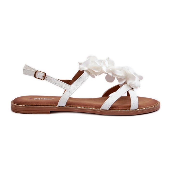 Flache Damensandalen mit Blumenverzierung, weiße Abidina