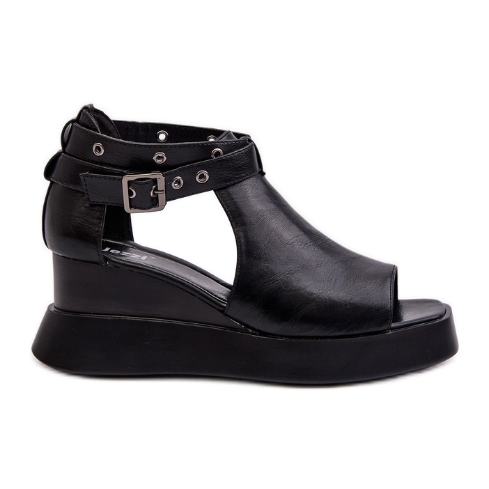Jezzi Damensandalen auf Plateau und Keilabsatz aus Öko-Leder, Schwarz Hloeli