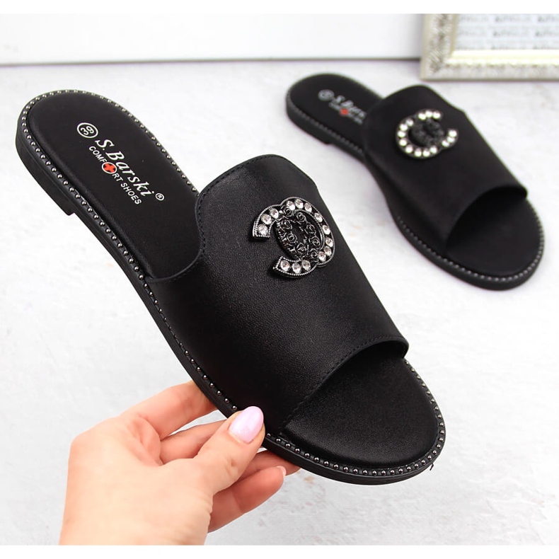 Bequeme Damen-Flip-Flops mit Zirkonen, schwarz S.Barski 050